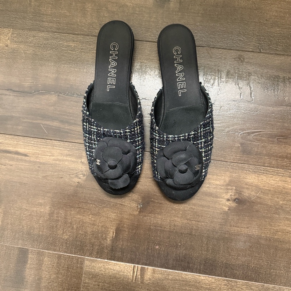 Chanel Black Tweed Slide Sandals